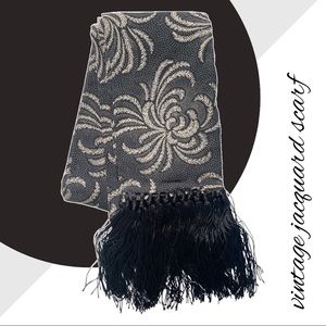 Vintage Floral Fern Coral Jacquard Scarf Black Cream Tassel Fringe 🧣